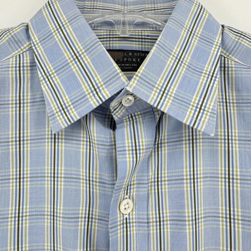 Turnbull Asser Bespoke Mens Blue Green‎ Plaid Dress Shirt Neck 15